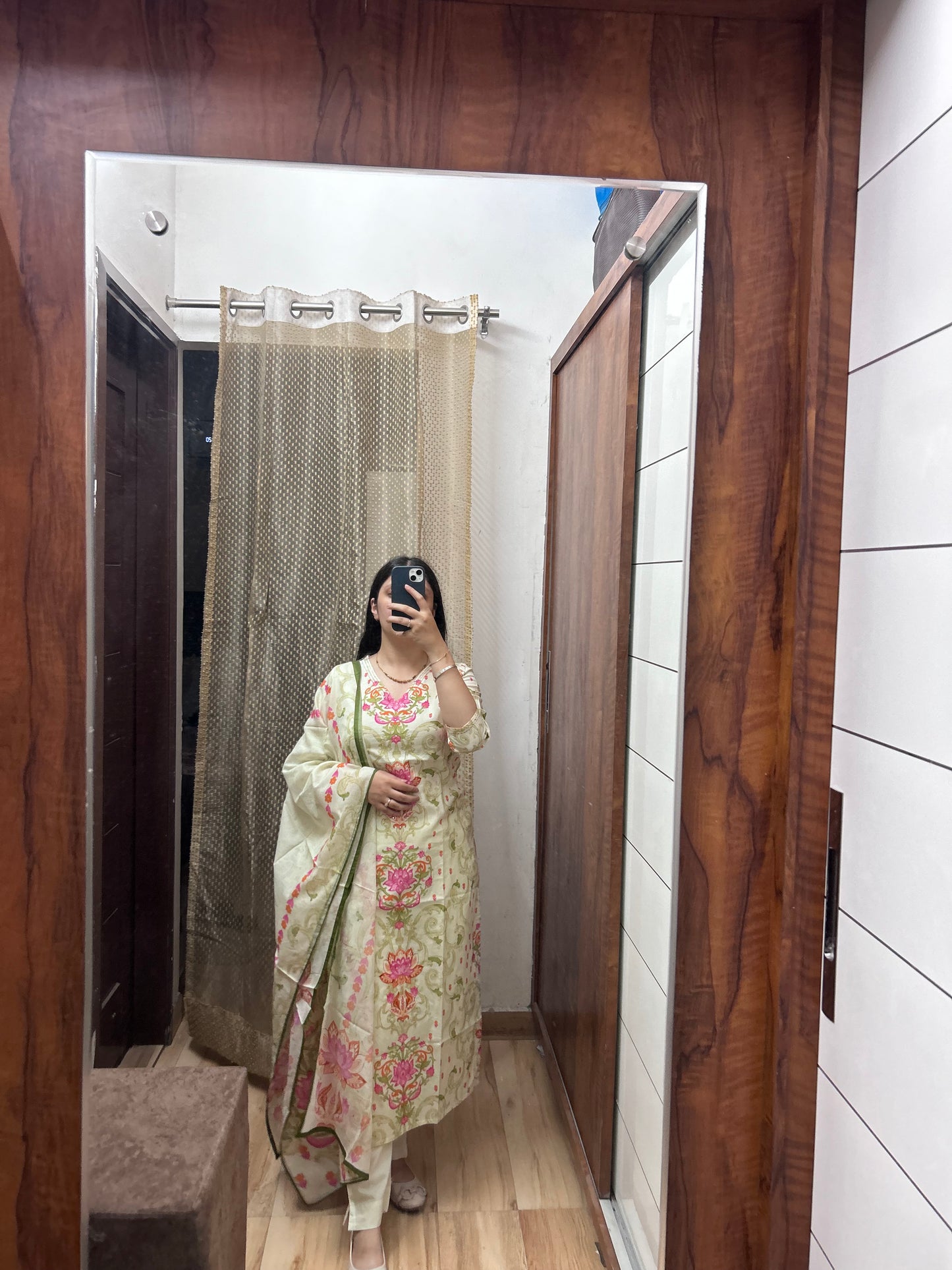 Ivory Pink Lotus Print Suit Set with Dupatta