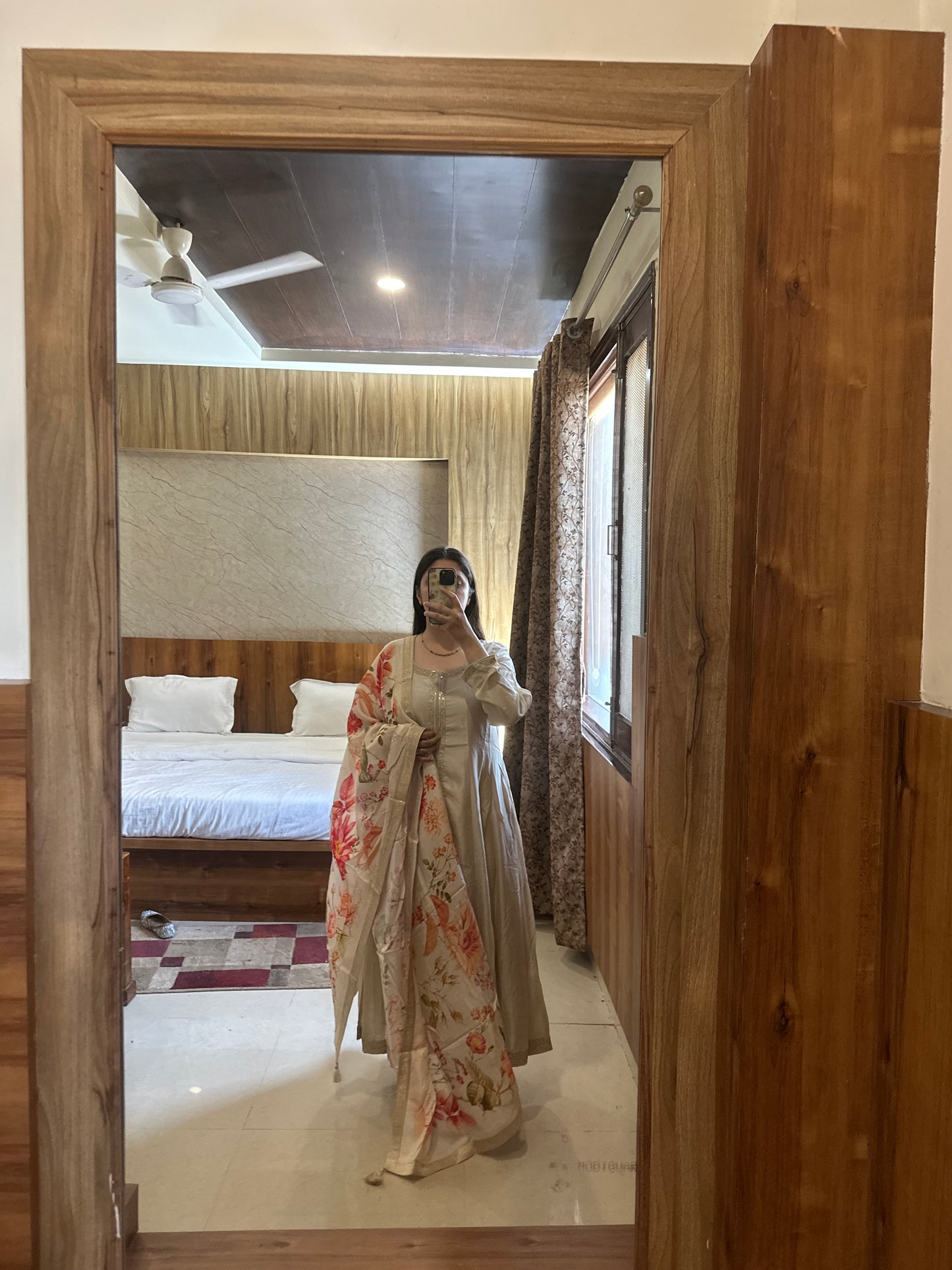 Center Cut Golden Anarkali with Floral Banarasi Dupatta