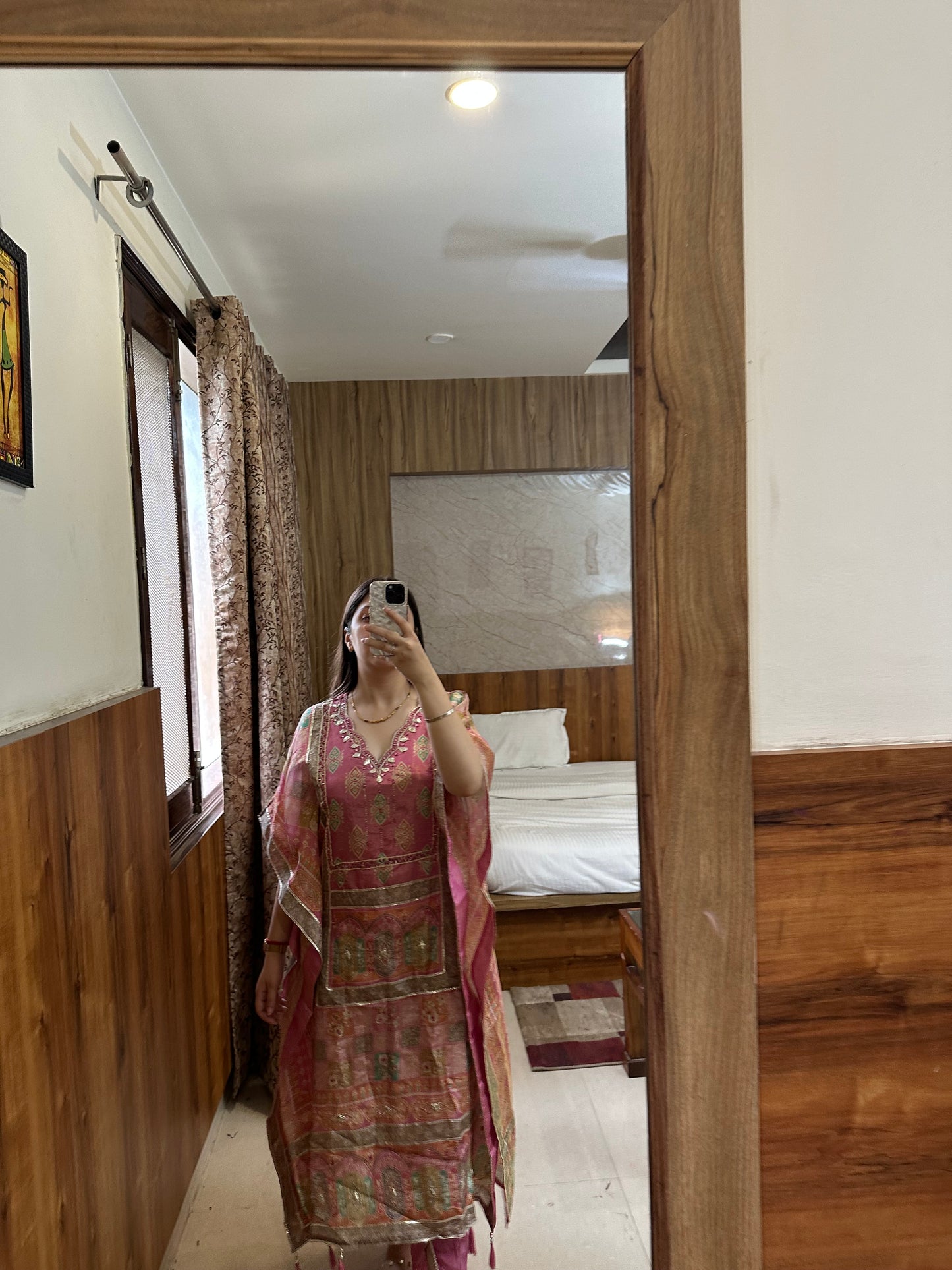 Festive Pink Printed Kaftan Kurta with Tulip Pants Set