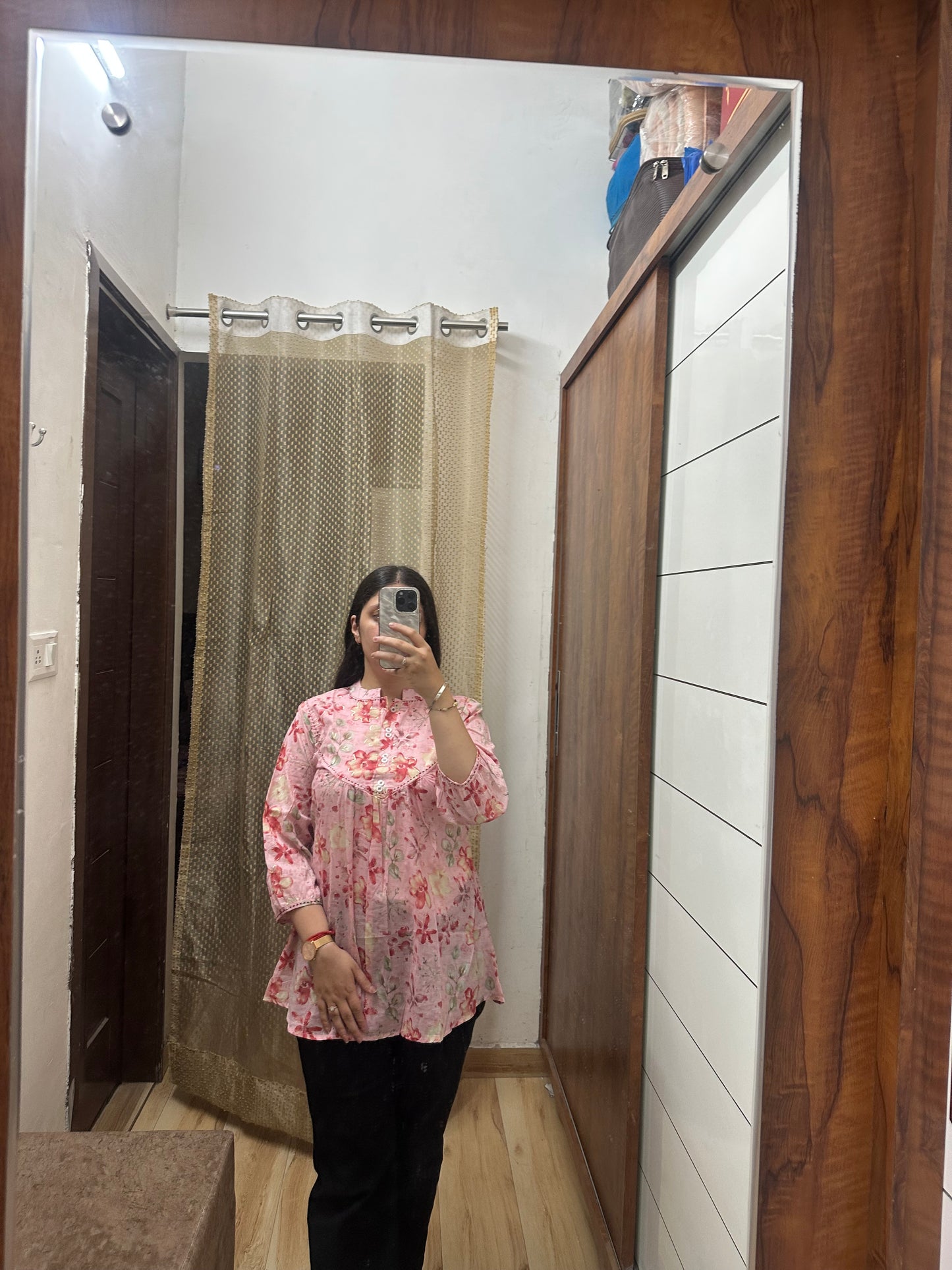 Pink Floral A-Line Cotton Kurti Top – Soft Gathered Yoke with Lace Button Detail