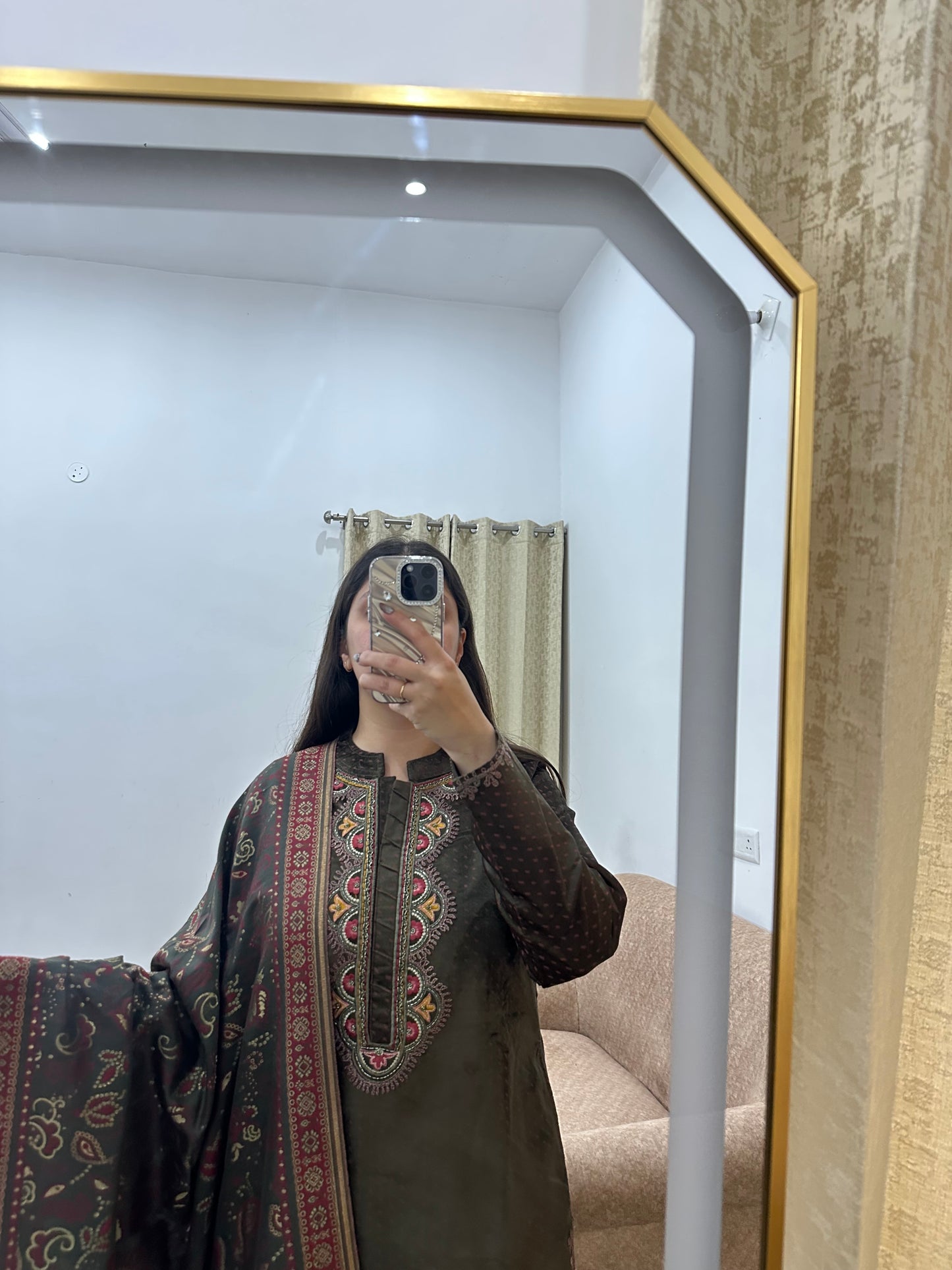 Olive Suede Velvet Suit Set with Intricate Embroidery & Banarasi Dupatta