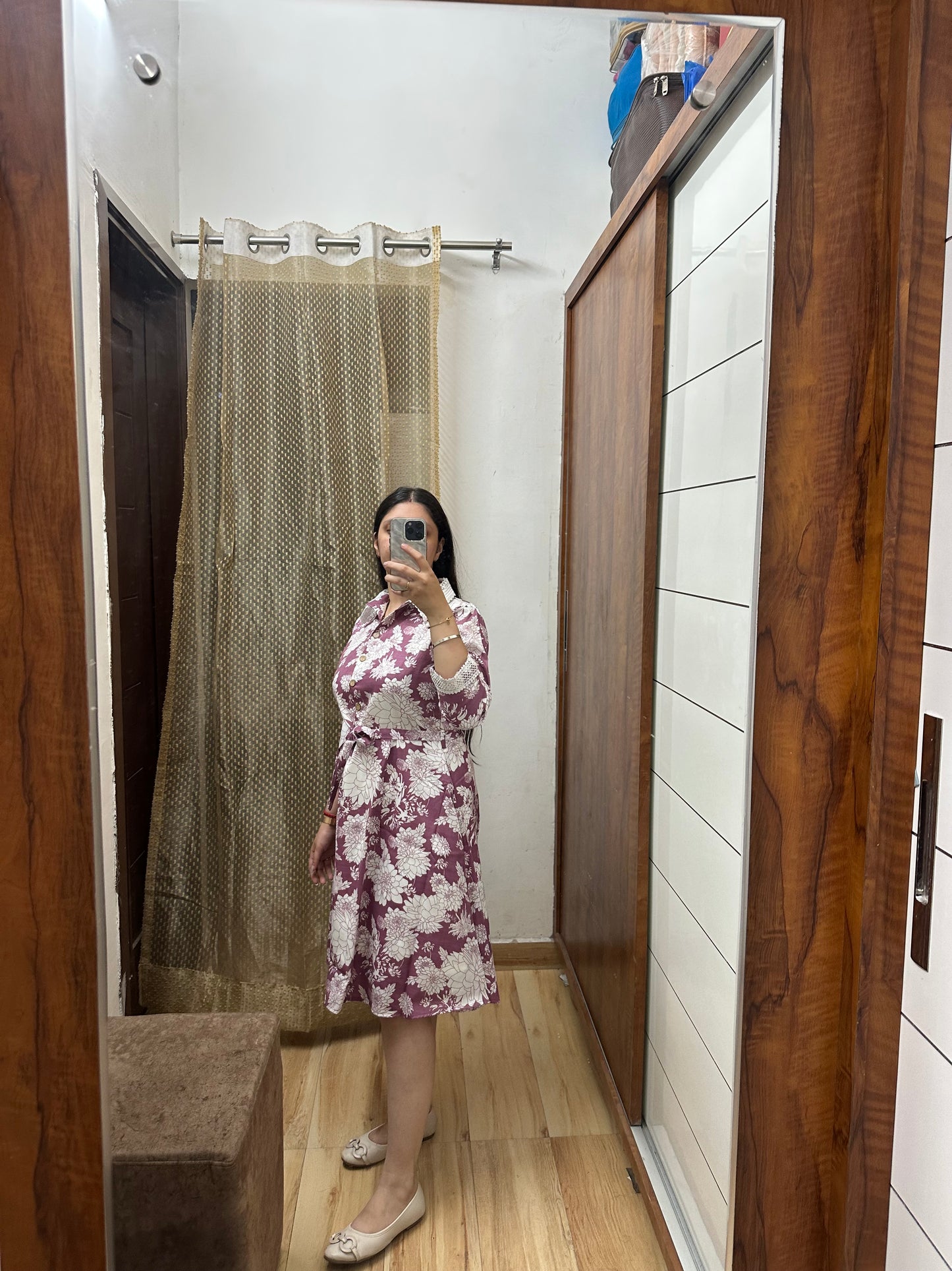 Onion Pink Floral Shirt Dress with Waist Tie