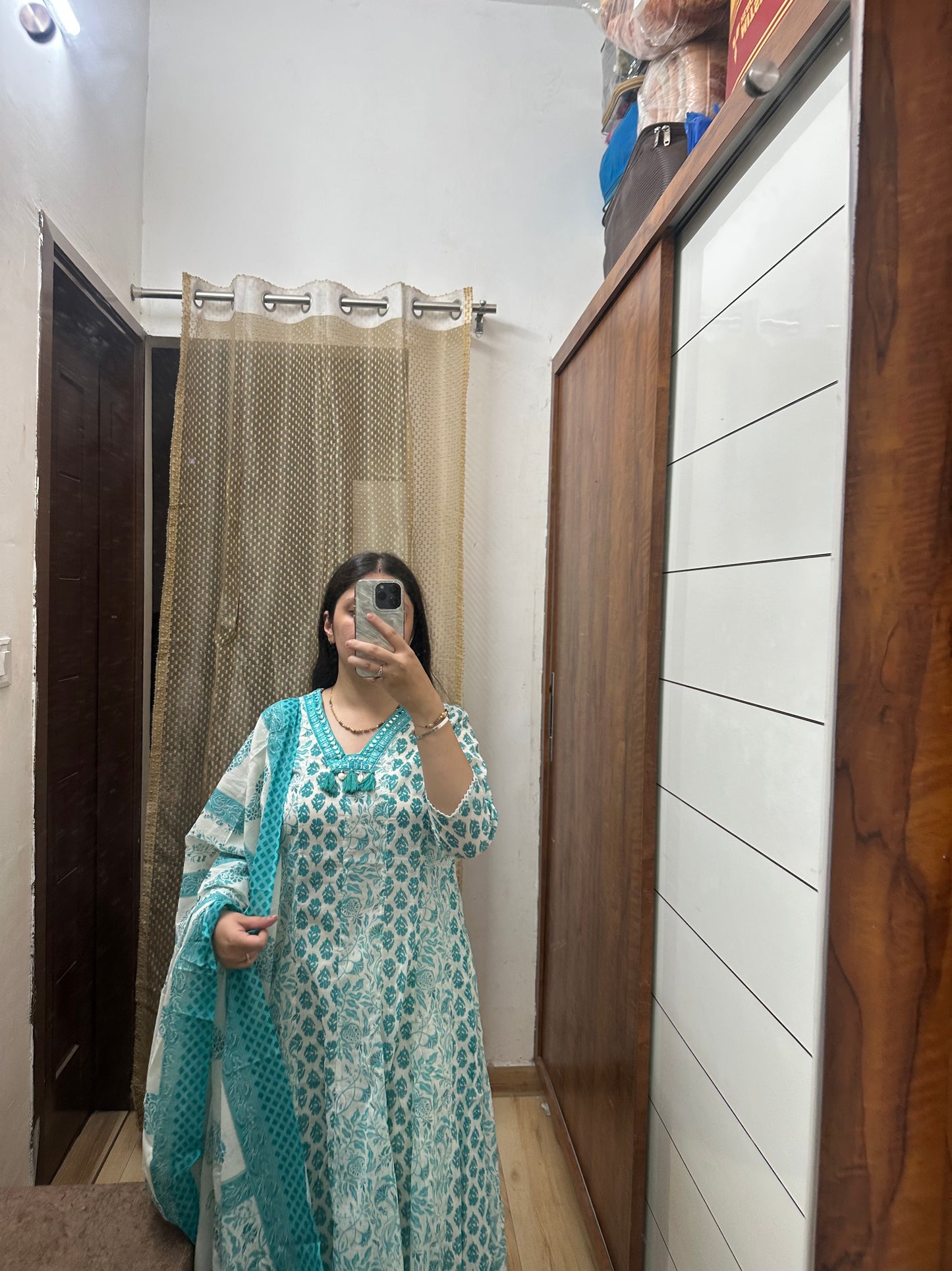 Aqua Bloom Malmal Anarkali Suit Set (3-Piece)