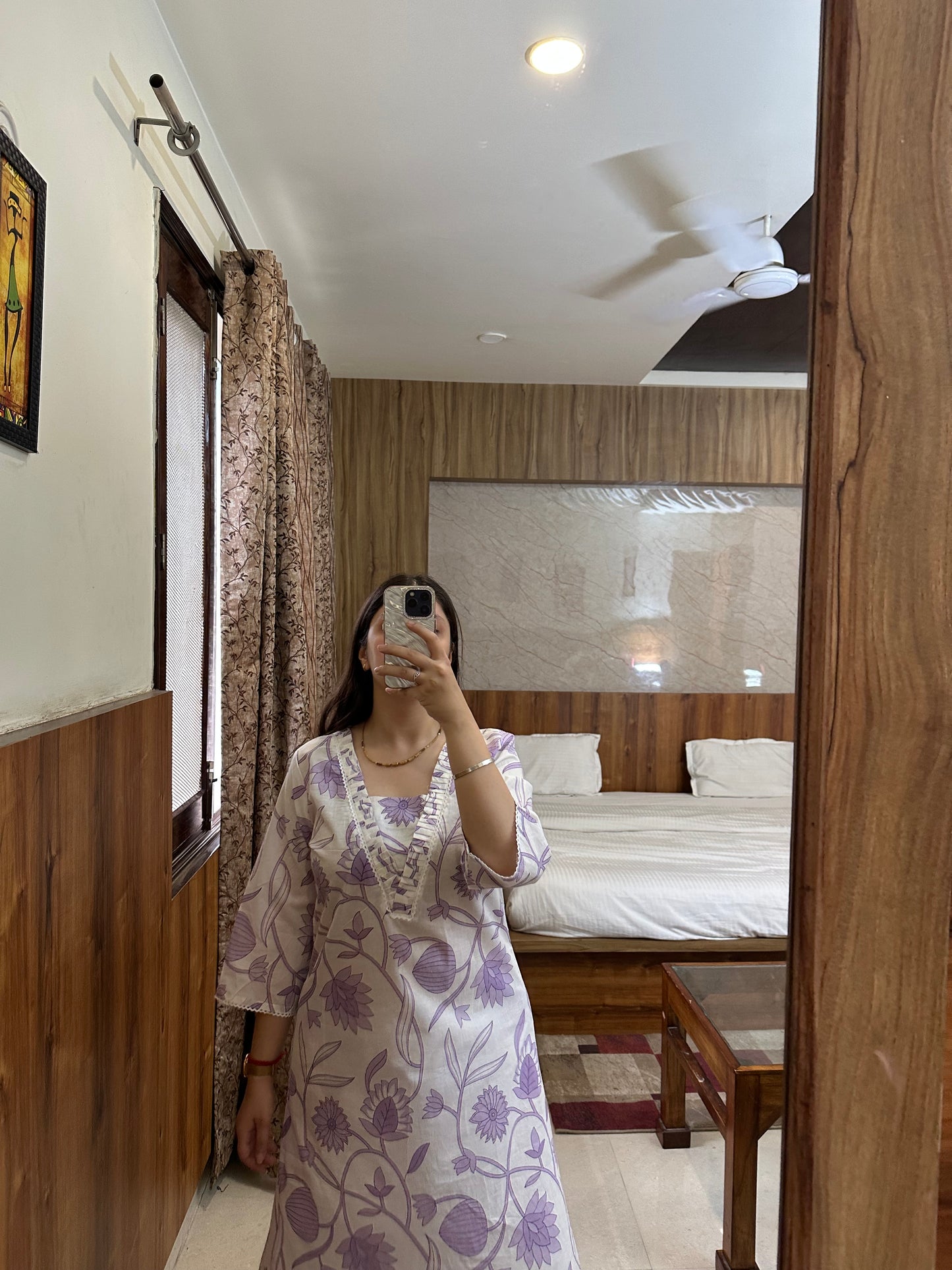 Lavender Floral Printed Asymmetrical Kurta Set