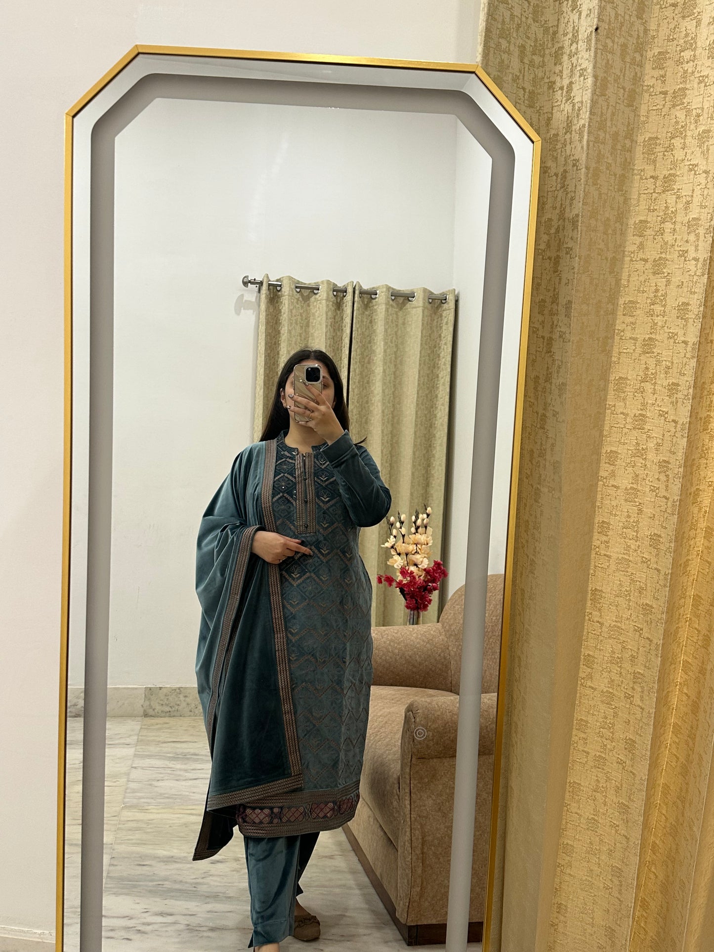 Teal Blue Velvet Suit Set with Intricate Thread Embroidery & Matching Dupatta