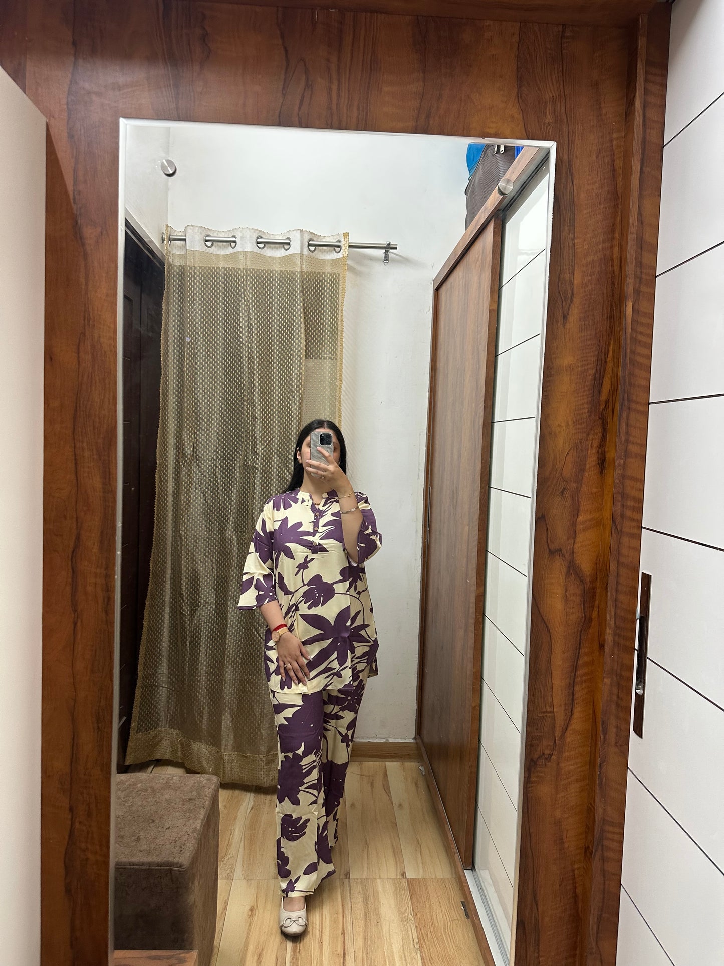 Floral Print Cotton Coord Set – Beige & Plum