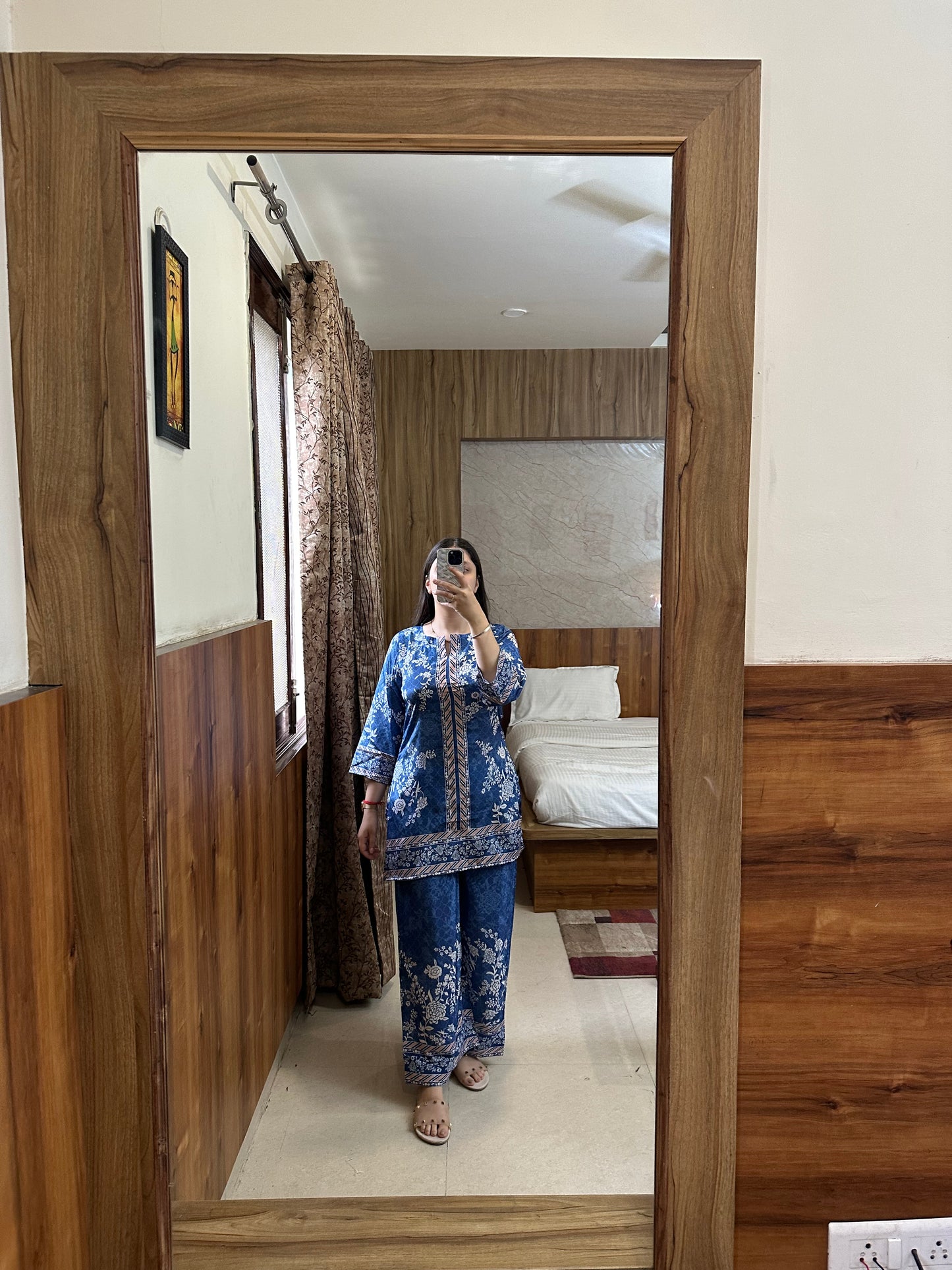 Royal Blue Floral Printed Coord Set with Mughal-Inspired Borders