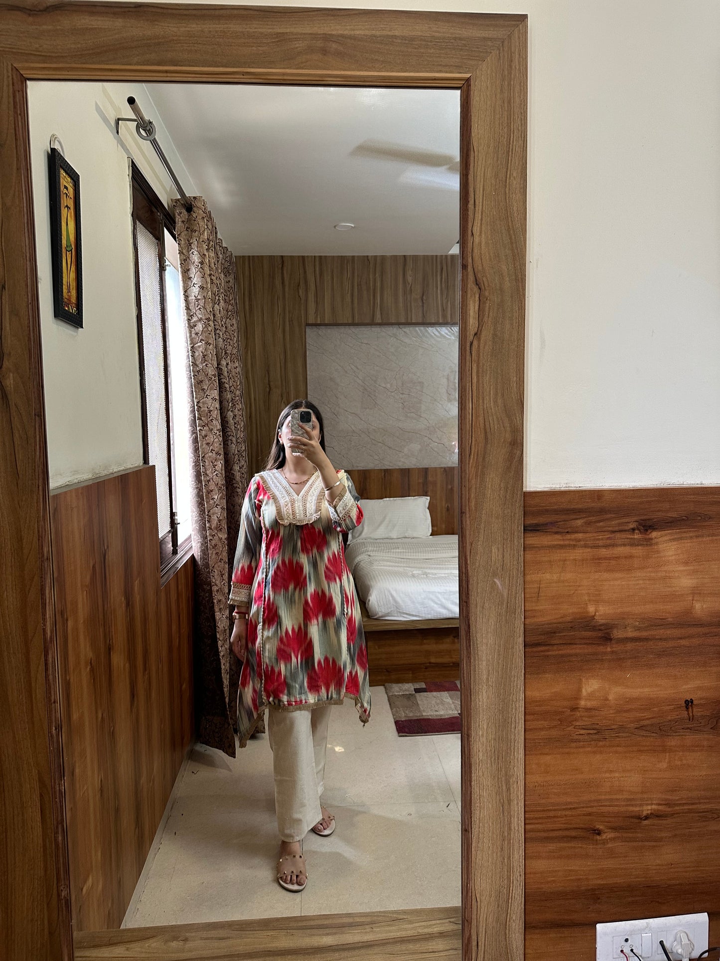 Red & Grey Ikat Print Cotton Kurta Set