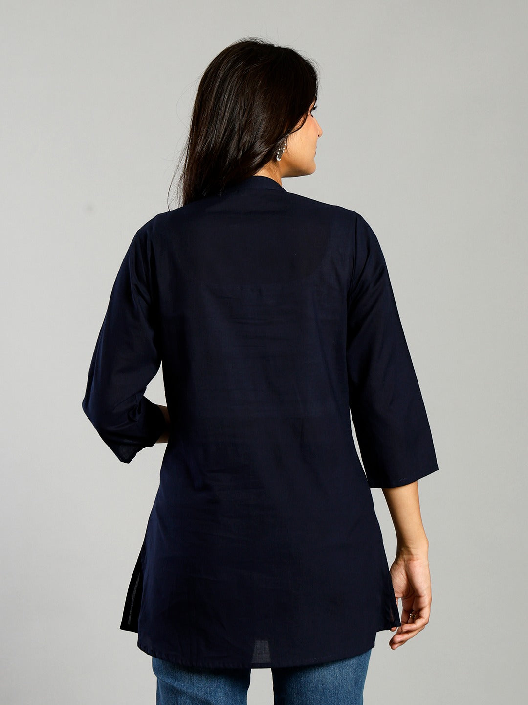 Navy Blue Cotton Chikankari Kurti Top – Thread Embroidered