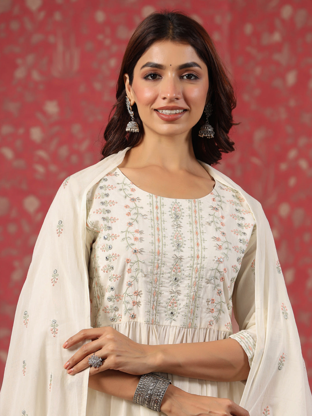 Cream Cotton Anarkali Suit Set with Delicate Thread Work
