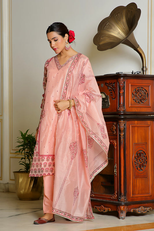 Pink Chanderi Cotton 3-Piece Suit Set