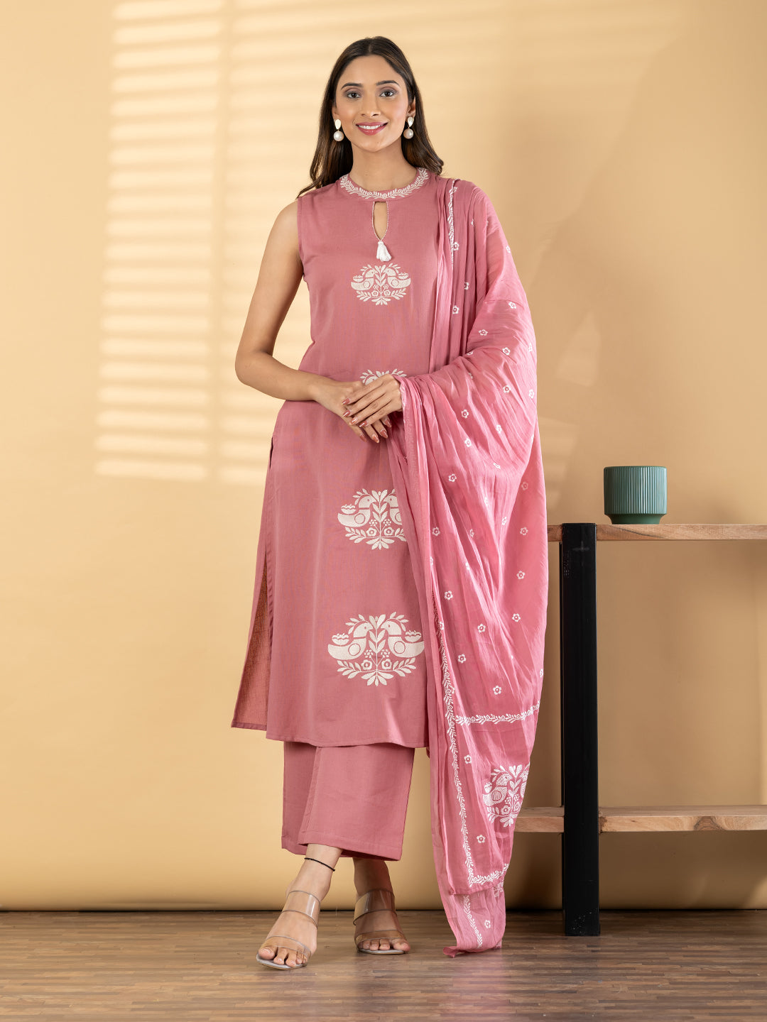 Dusty Rose Cotton Kurta Set with Dupatta
