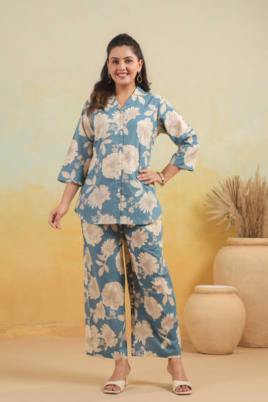 Blue Floral Cotton Coord Set