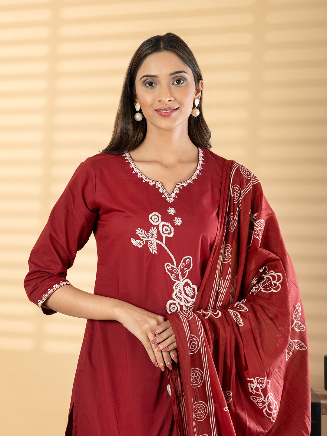 Maroon Cotton Suit Set with Printed Dupatta