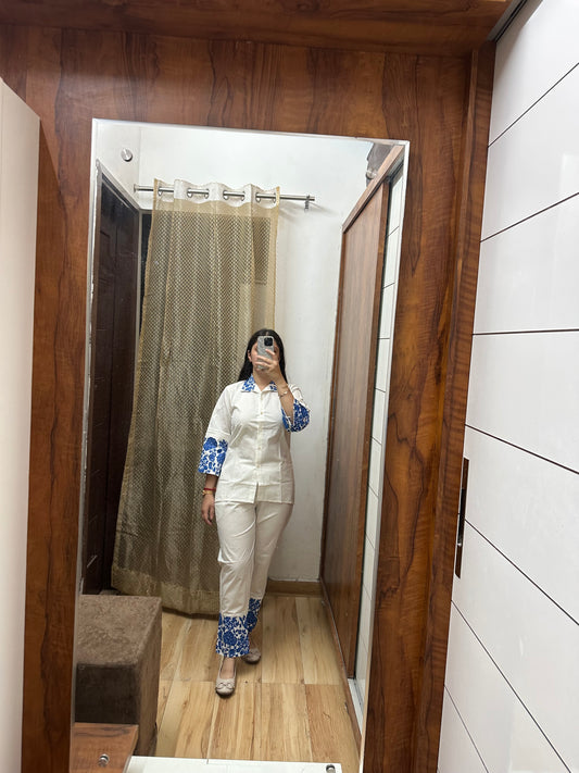 Ivory Cotton Coord Set with Indigo Thread Embroidery Accents