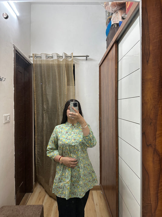 Pastel Green Floral Cotton Kurti Top – Pintuck Yoke & A-Line Fit