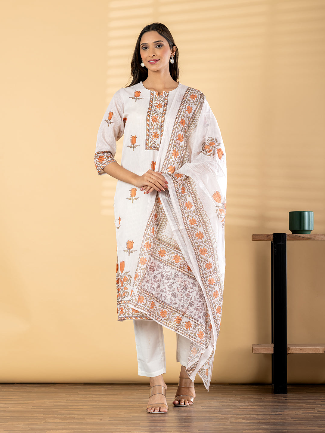 Cream Cota Doria Floral Suit Set with Dupatta