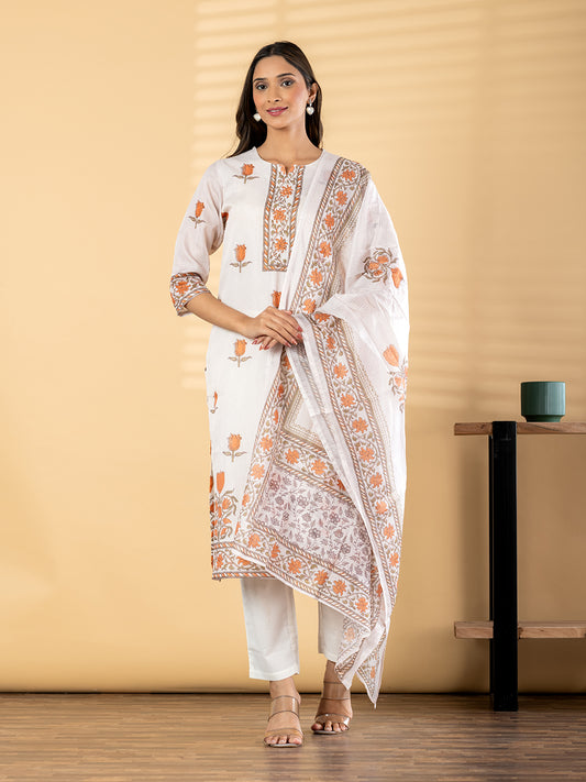 Cream Cota Doria Floral Suit Set with Dupatta