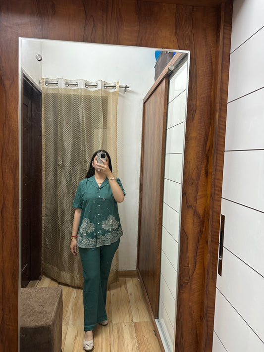 Emerald Green Coord Set with Nature-Inspired Thread Embroidery