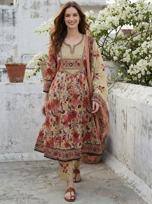 Beige Floral Cotton Anarkali Suit Set for Women