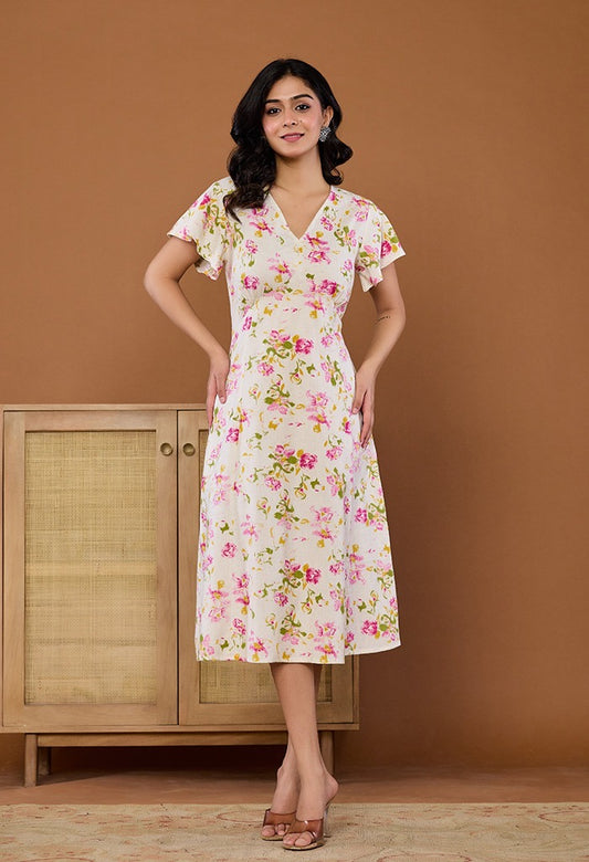 White Floral Cotton Midi Dress for Women
