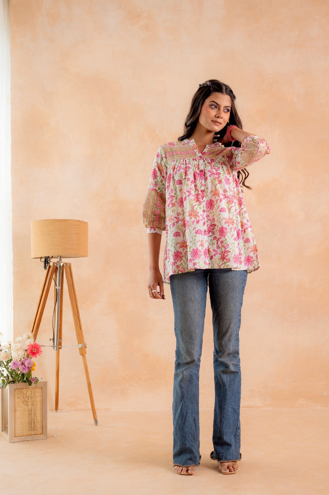 Pink Floral Cotton Printed Button-Down Ethnic Summer Top