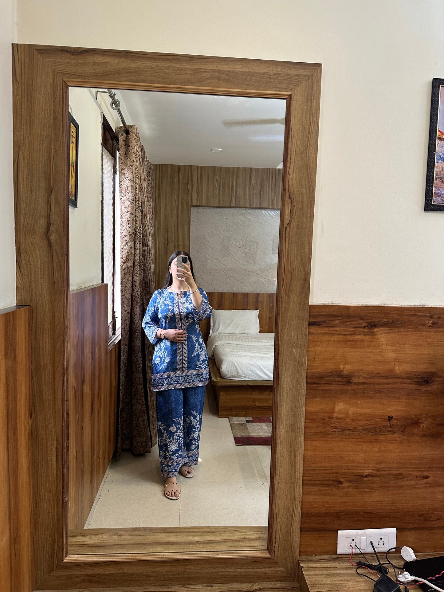 Royal Blue Floral Printed Coord Set with Mughal-Inspired Borders