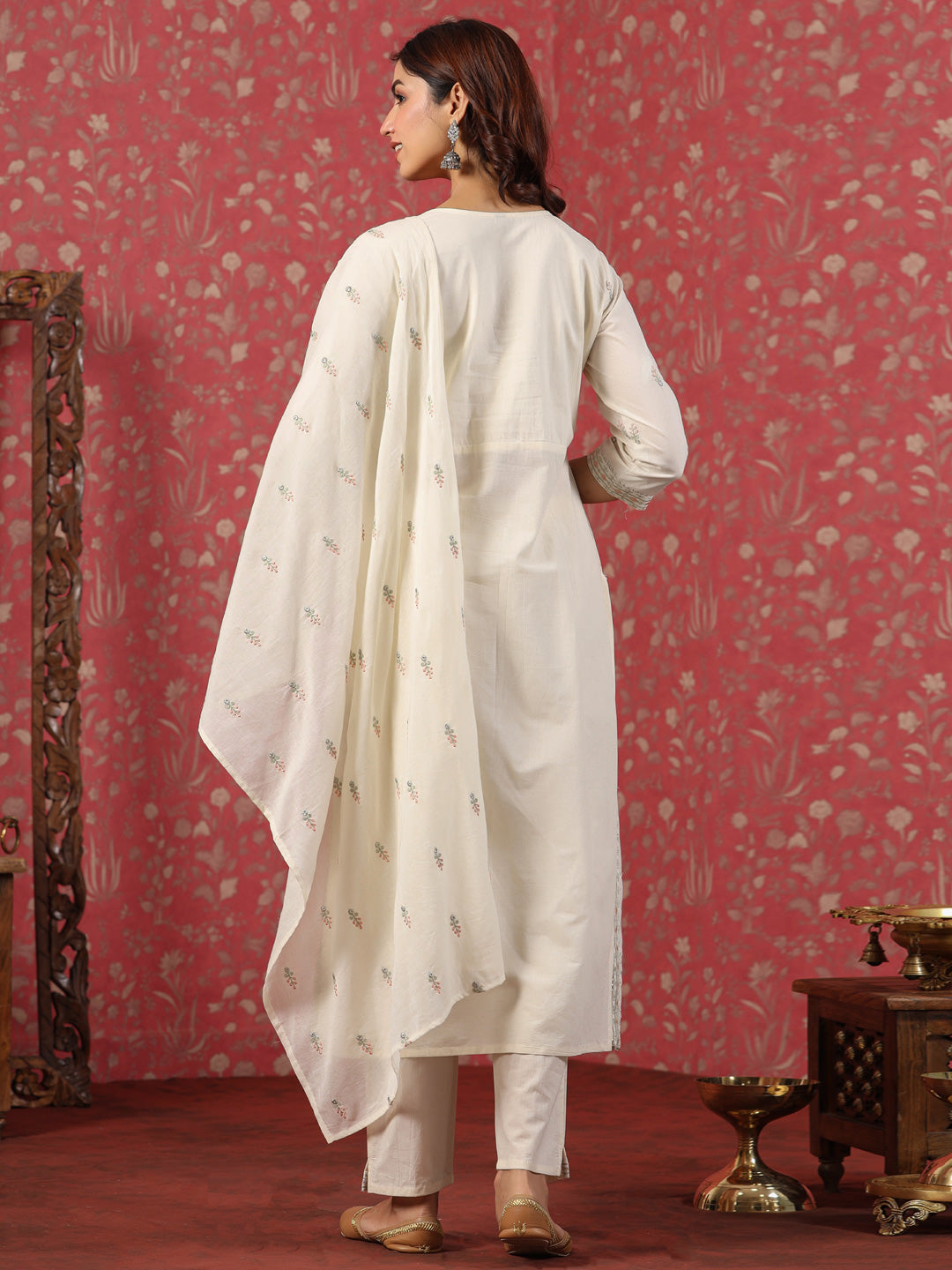 Cream Cotton Anarkali Suit Set with Delicate Thread Work