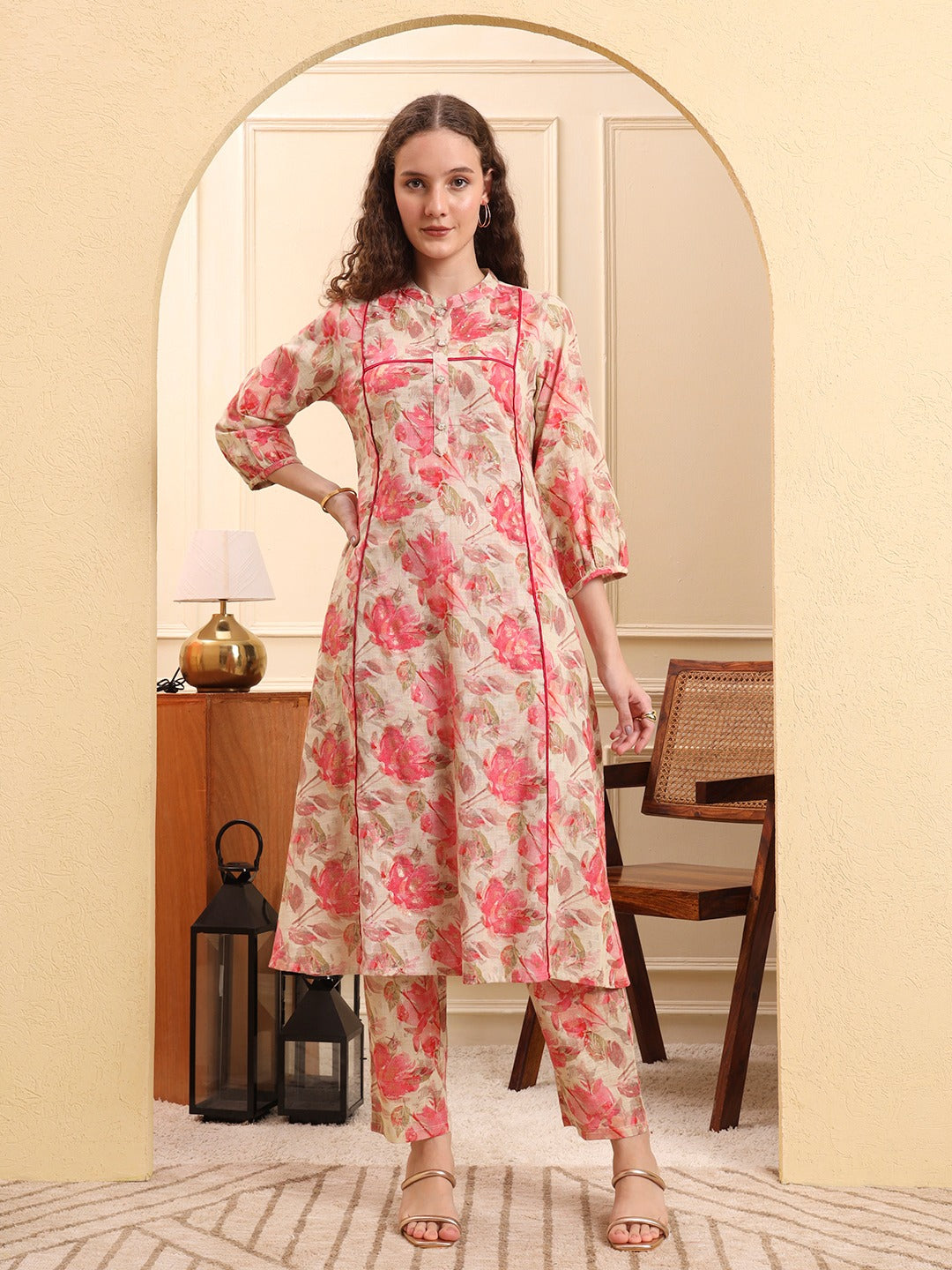 Peach Cotton A-Line Kurta Set