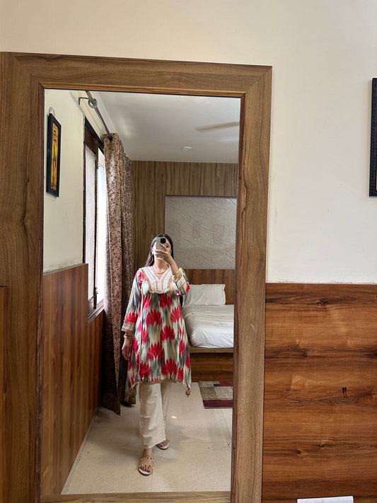 Red & Grey Ikat Print Cotton Kurta Set