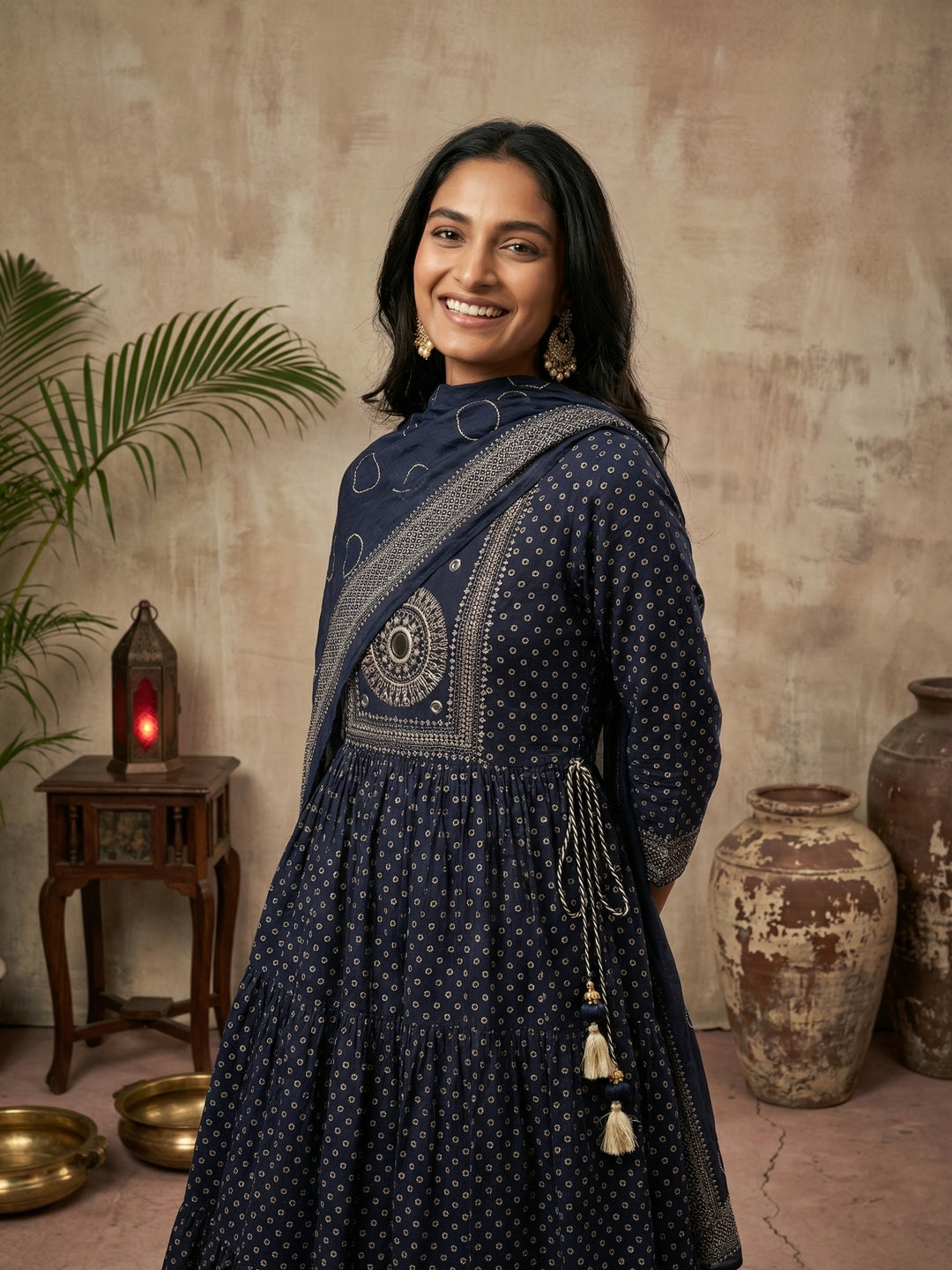 Navy Blue Cotton Anarkali Suit Set with Thread Work & Rajasthani Print