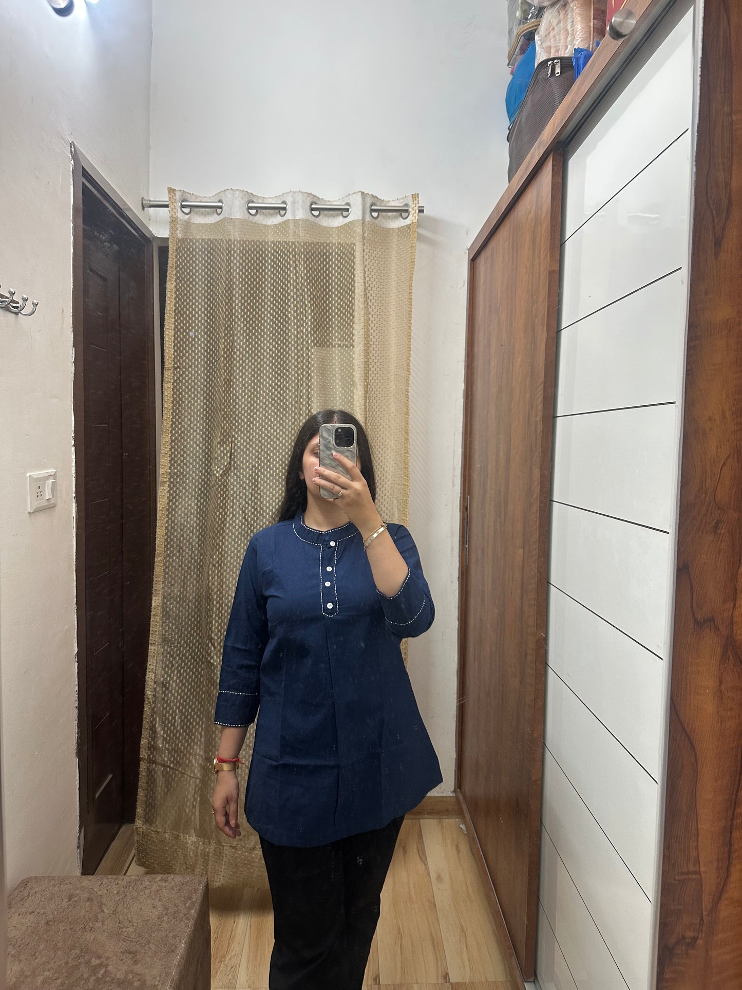 Solid Navy Blue Cotton Kurti Top – Pleated Front with Stitch Detailing