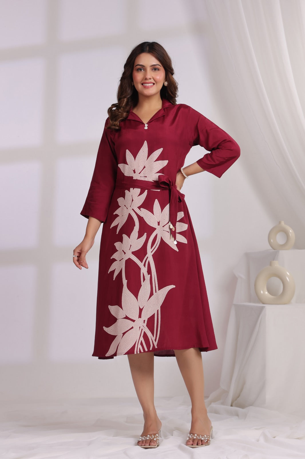 Wine Russian Silk Floral Wrap Dress