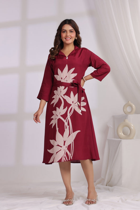 Wine Russian Silk Floral Wrap Dress