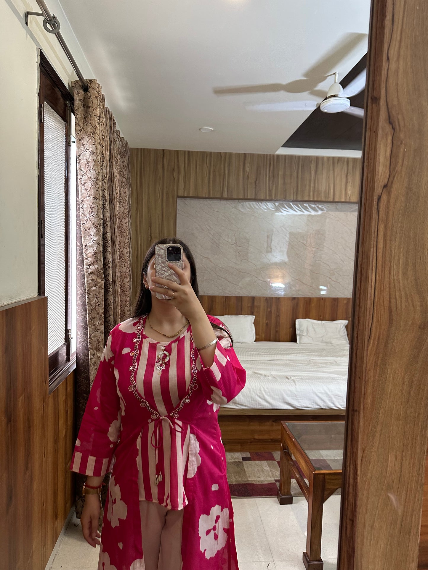Fuchsia Pink 3-Piece Coord Set – Top, Bell Bottom Pants & Shrug
