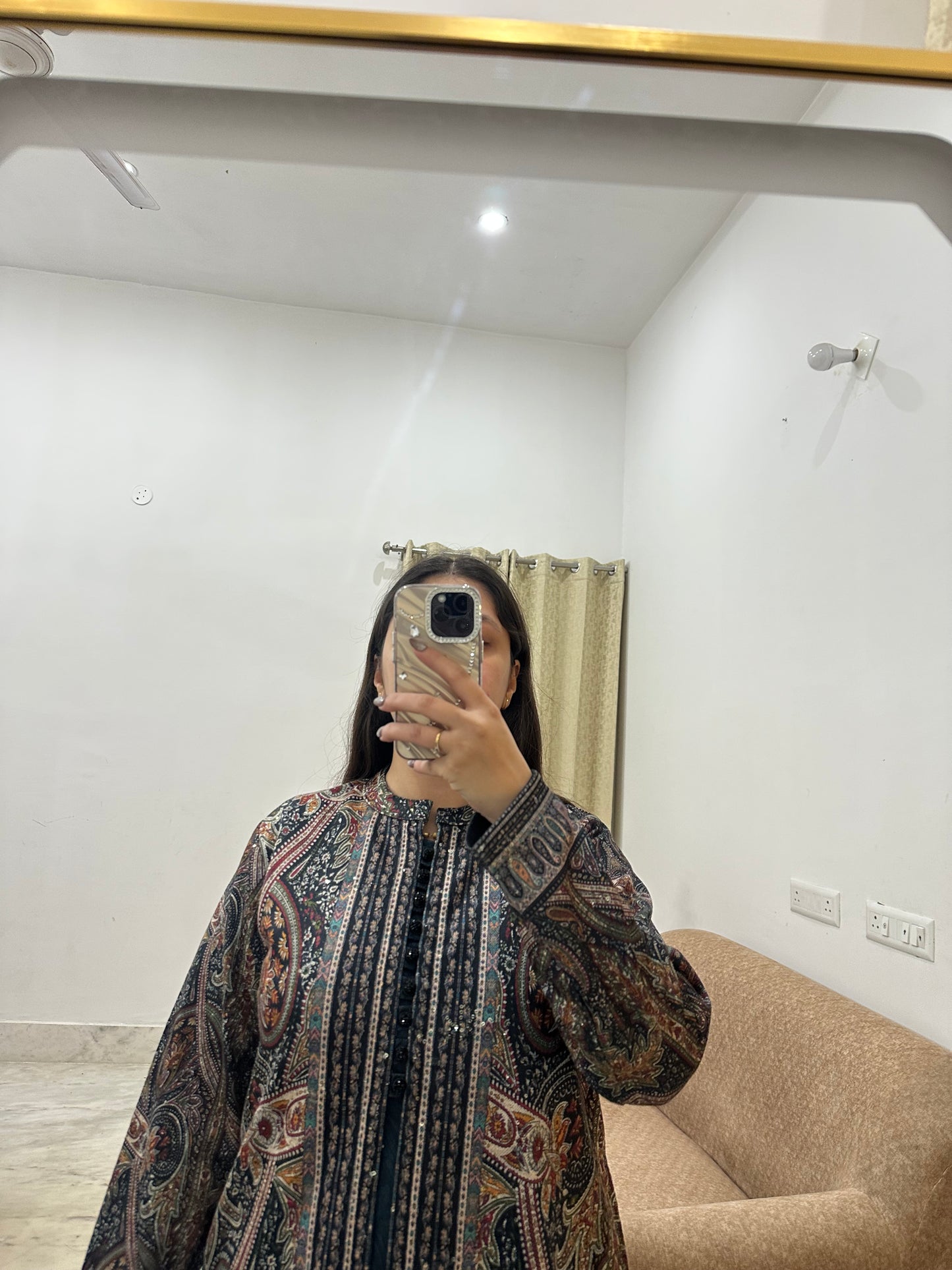 Center-Cut Velvet Printed Jacket Set with Embroidered Detailing