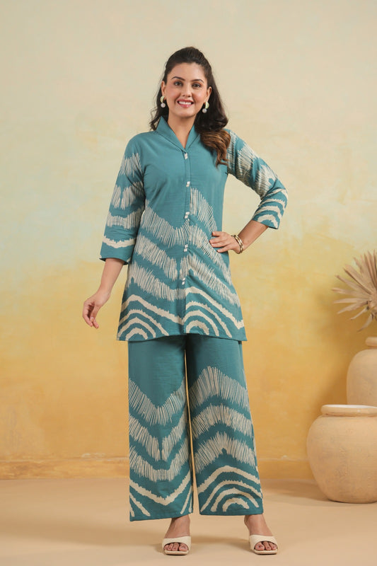 Teal Wave Print Kurta & Palazzo Coord Set