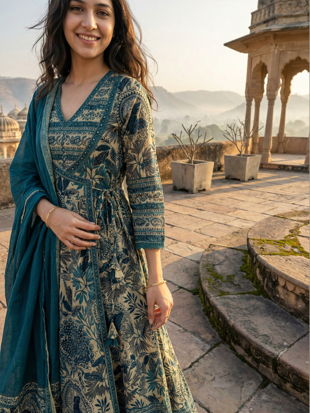 Teal Cotton Anarkali Suit Set for Women
