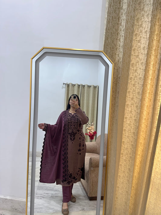 Plum Woolen Suit Set with Classic Kashmiri-Style Embroidery