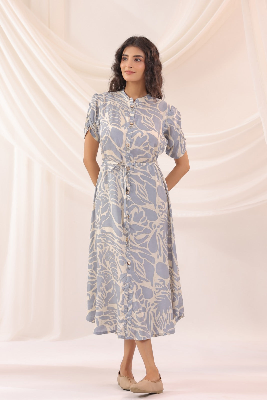 Pastel Blue Leaf Print Button-Down Midi Dress