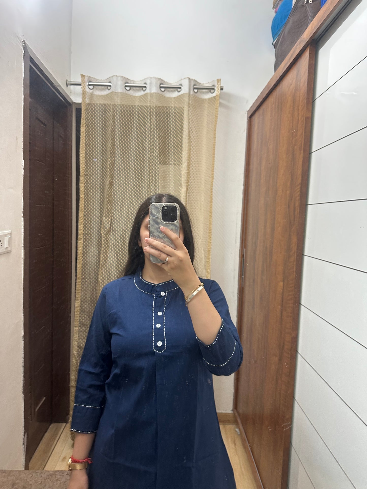 Solid Navy Blue Cotton Kurti Top – Pleated Front with Stitch Detailing