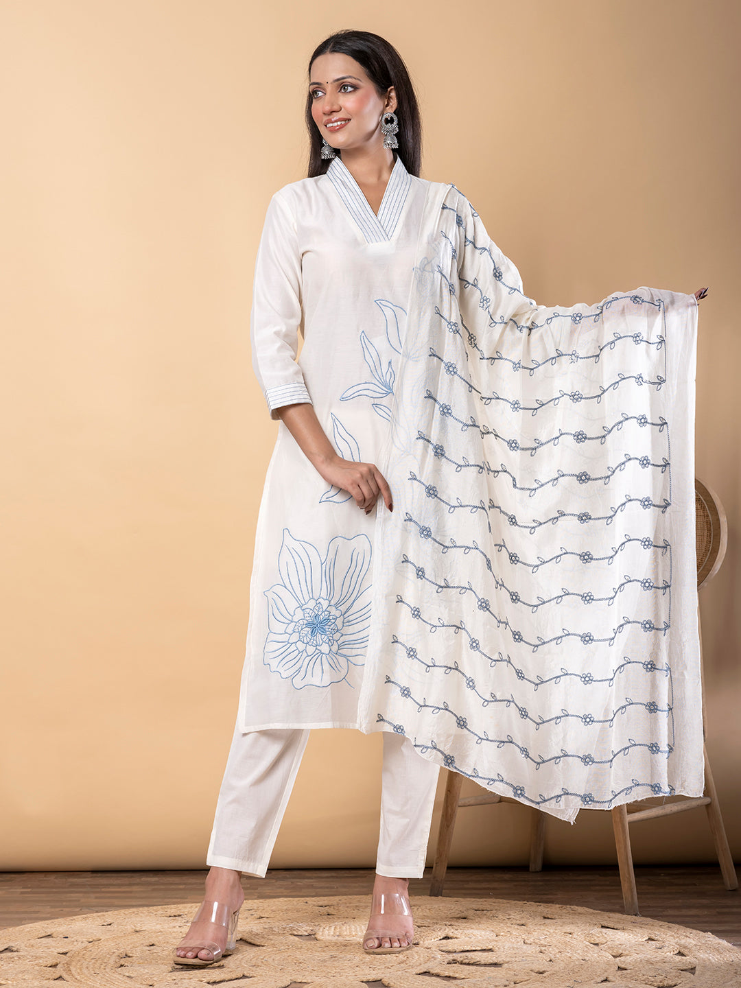 Women’s Off White Chanderi Cotton Kurta Set with Dupatta