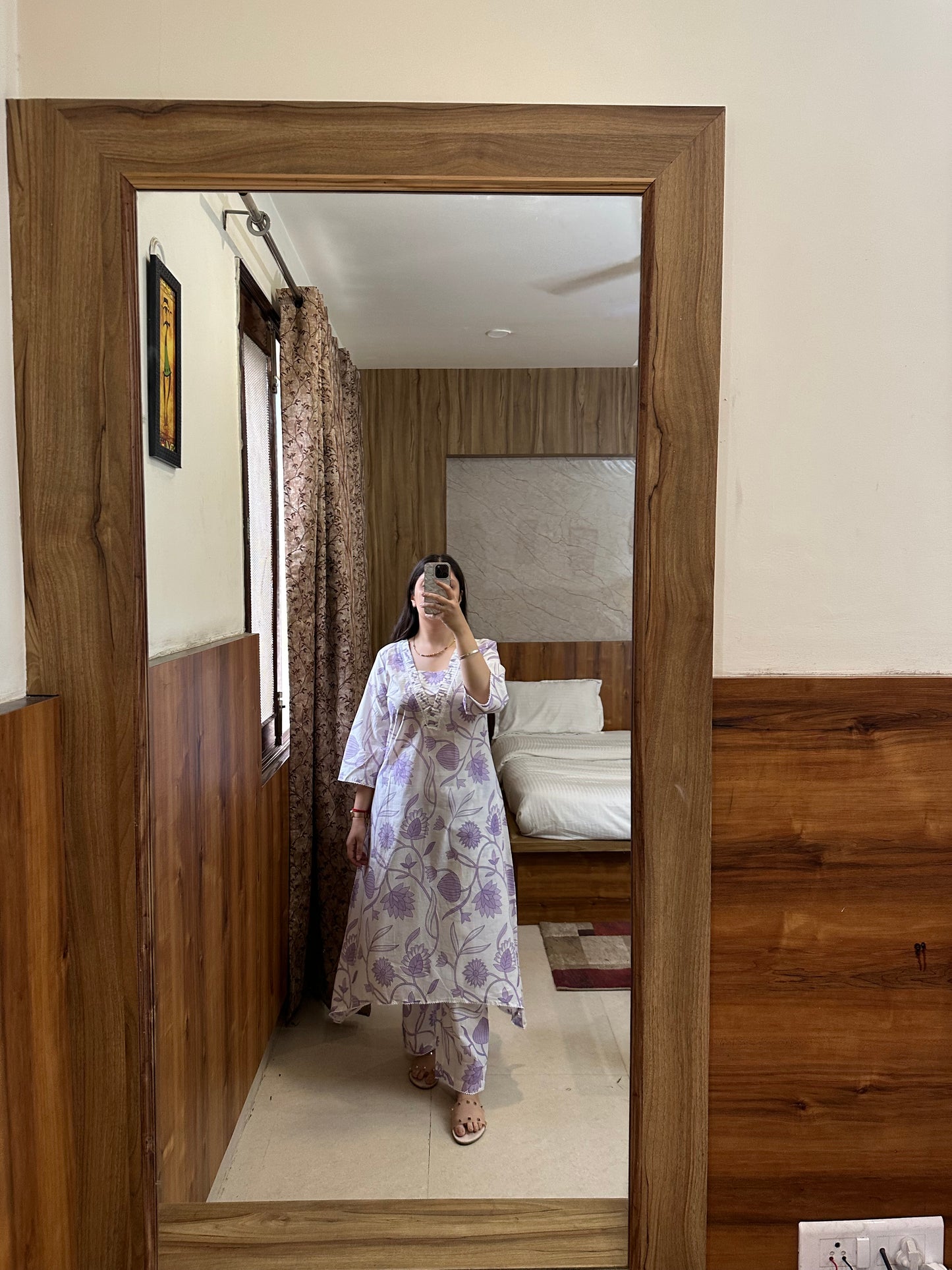 Lavender Floral Printed Asymmetrical Kurta Set
