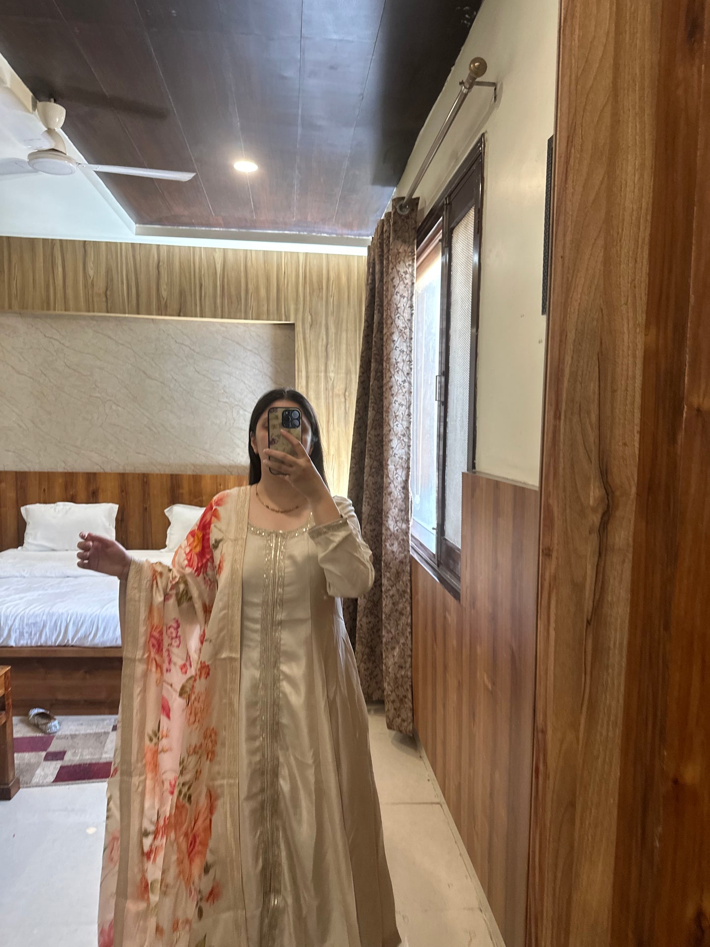 Center Cut Golden Anarkali with Floral Banarasi Dupatta