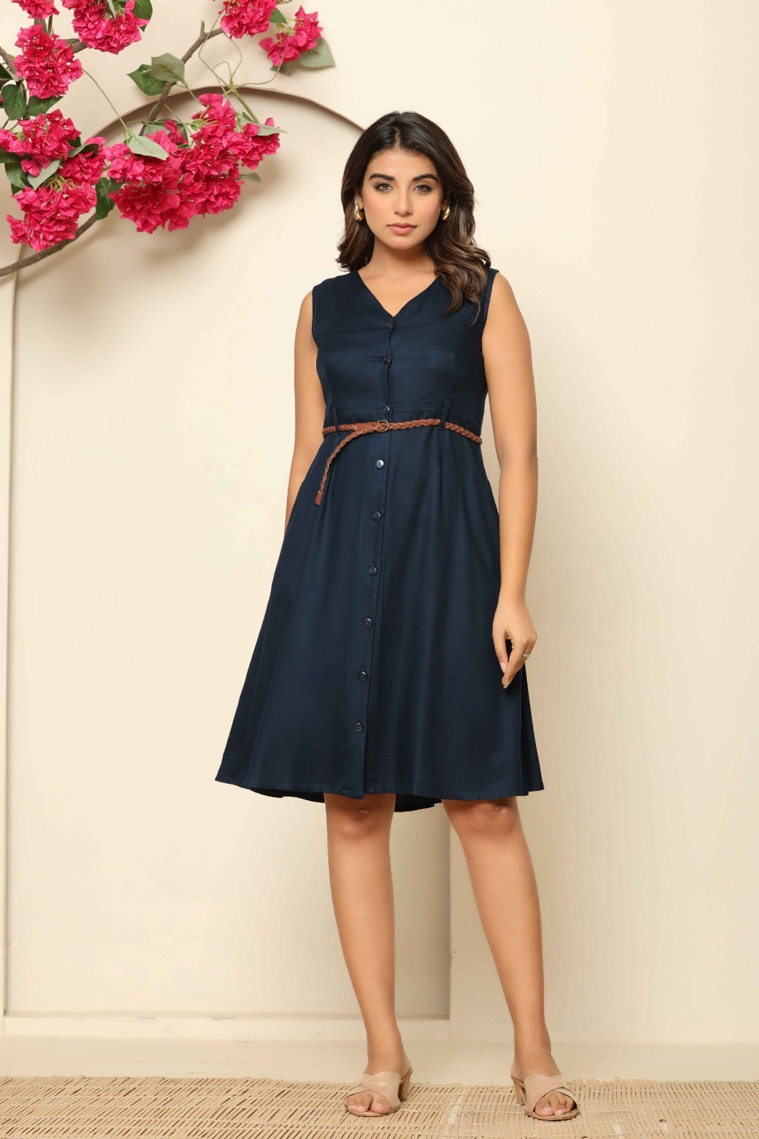 Navy Blue Cotton Button-Down Midi Dress with Belt