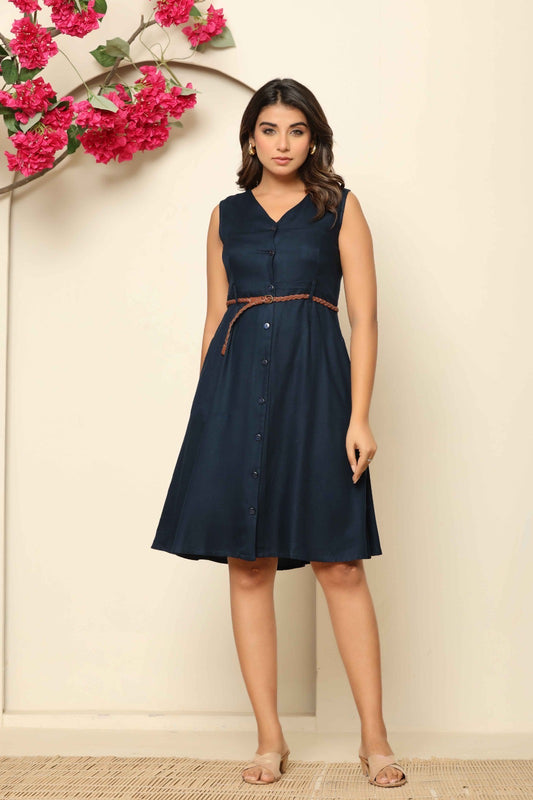 Navy Blue Cotton Button-Down Midi Dress with Belt