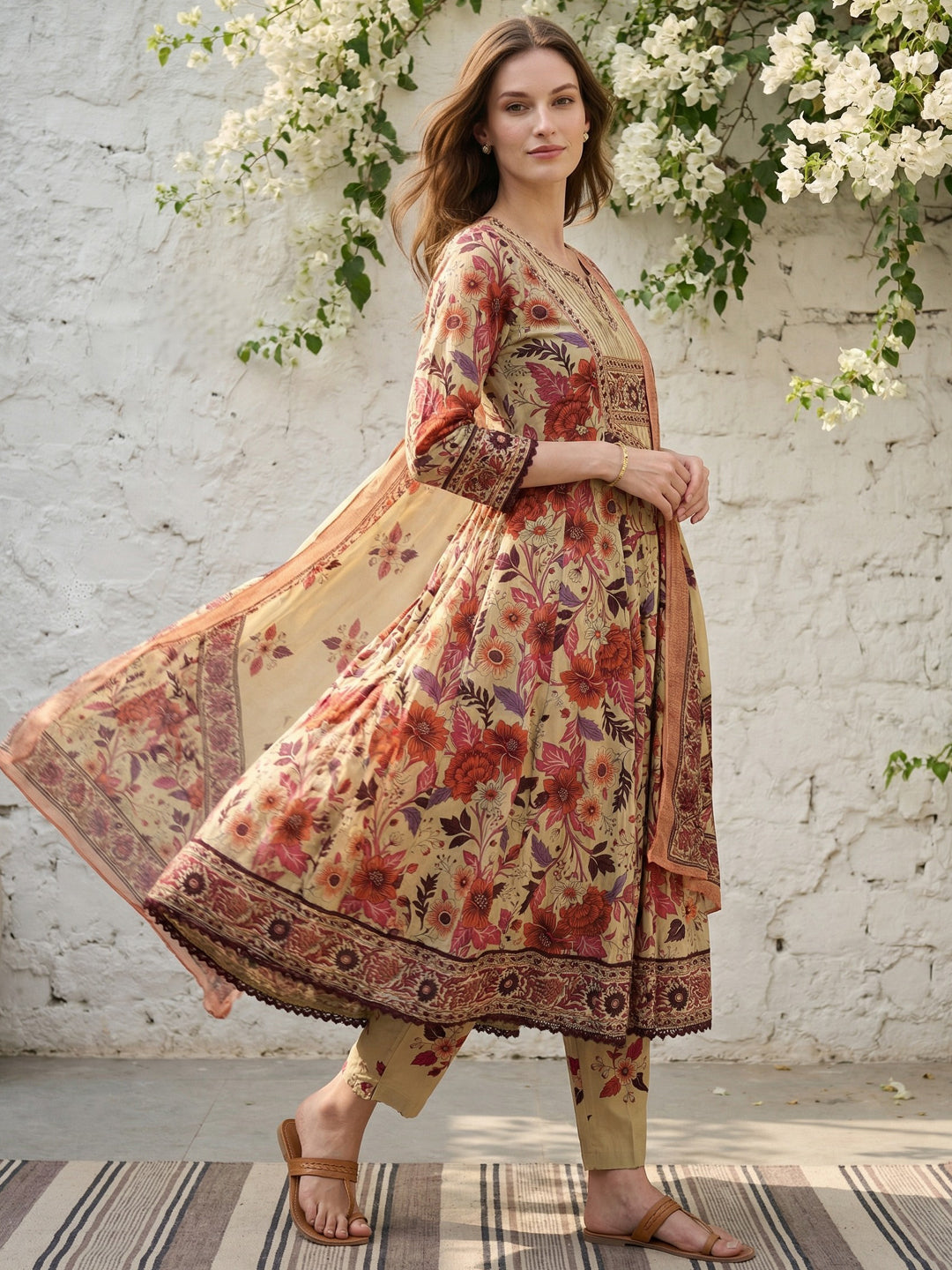 Beige Floral Cotton Anarkali Suit Set for Women