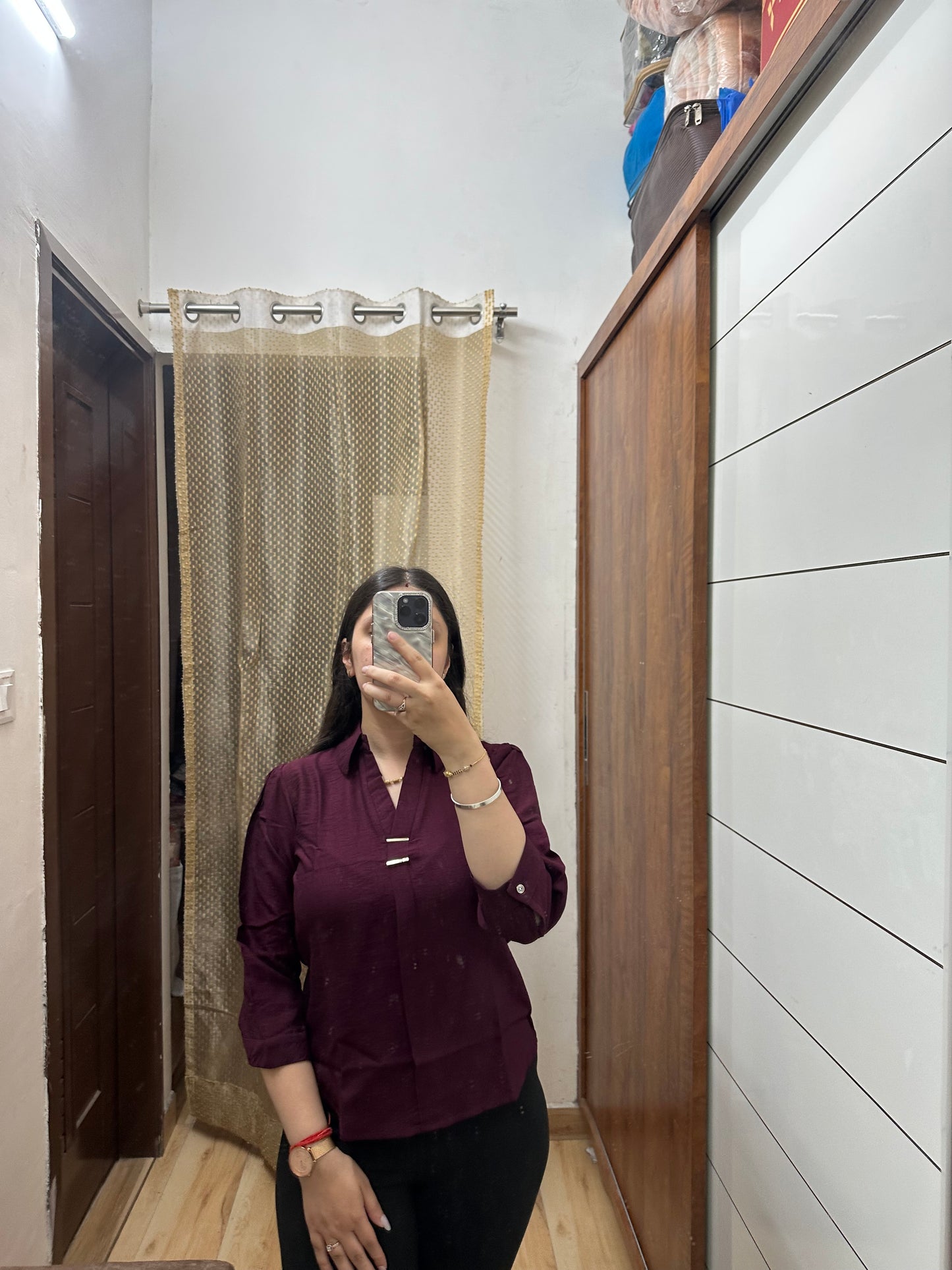 Maroon Solid Formal Shirt with Gold Accent
