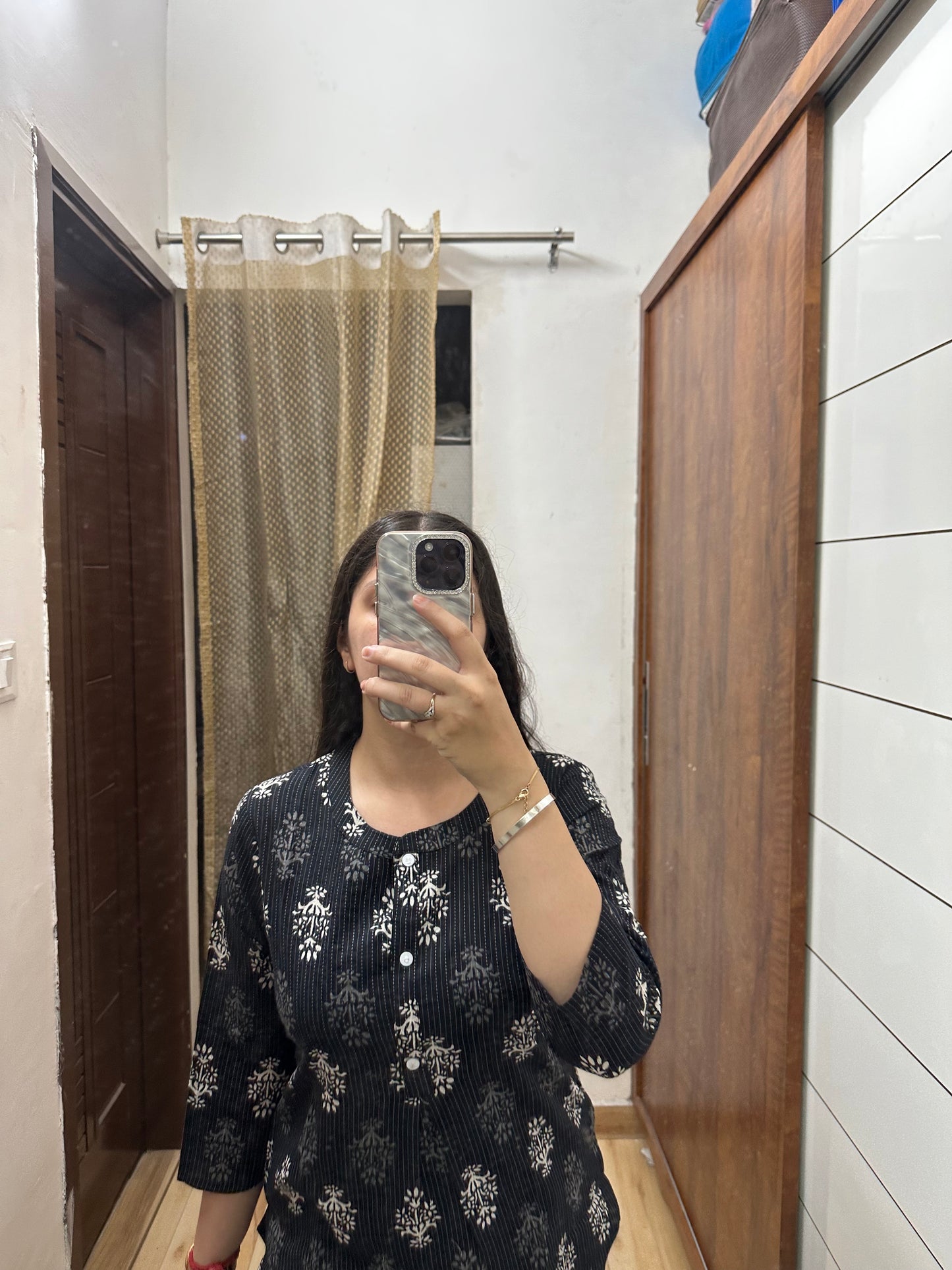 Black Handblock Printed Cotton Kurti Top – Straight Fit with Wooden Button Detail