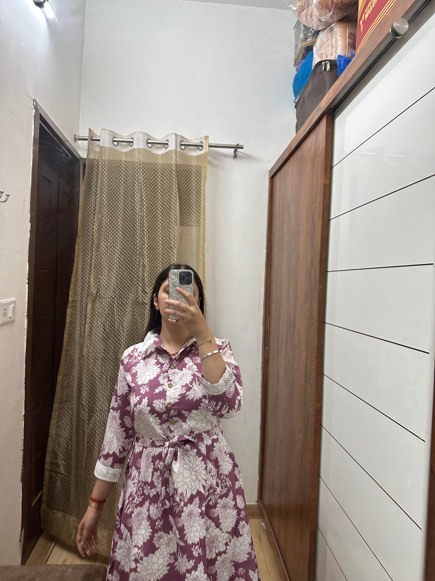 Onion Pink Floral Shirt Dress with Waist Tie